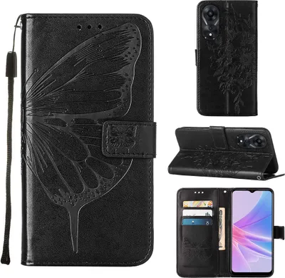 Produktbild von Lederhülle für OPPO A78 5G / A58 5G Schmetterling Prägung Flip Ledertasche Kartenfächer Handyhülle mit Ständer Schwarz