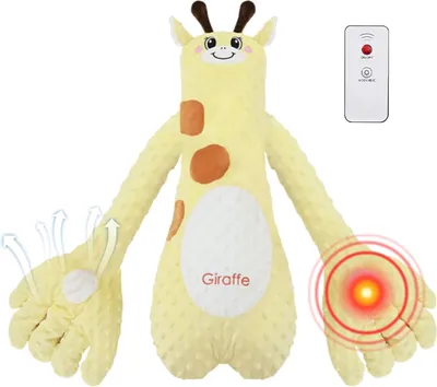 A stuffed giraffe toy with a remote control and visual indicators of its features.