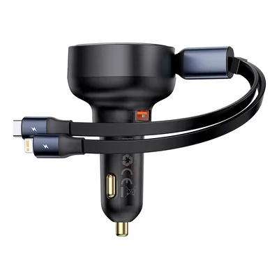 Produktbild von Autoladegerät mit USB-A und einziehbarem USB-C Kabel iPhone 60W schwarz