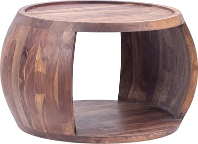 A round, wooden coffee table with an open shelf.