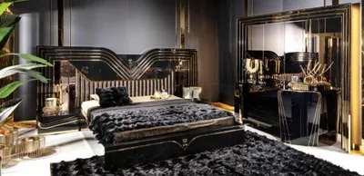 Produktbild von Schwarzes Elegantes Schlafzimmer-Set Doppelbett Nachttische Kommode
