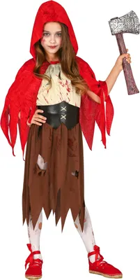 A young girl dressed in a zombie-themed Little Red Riding Hood costume, holding an axe.