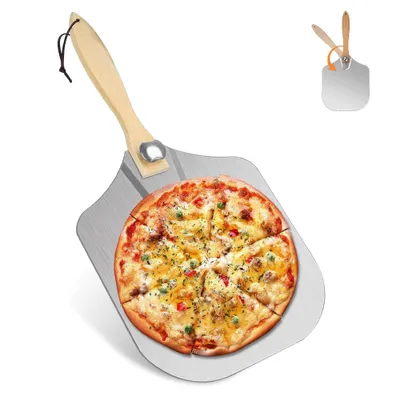 Produktbild von Pizzaschaufel - Pizzawender - Mit Holzgriff und Aufhängeöse - Zusammenklappbar - Verbrühungsgriff - Küchenutensilien - Für Grill und Pizzaofen