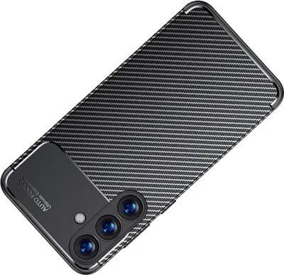 A black phone case with a carbon fiber texture is shown diagonally on a white background.