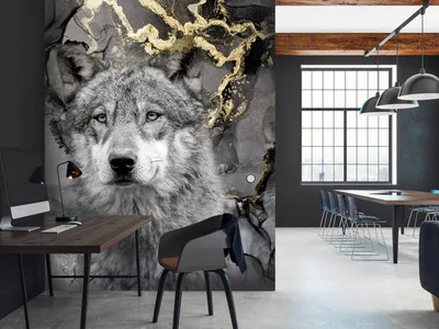 Produktbild von Vlies Fototapete Wolf 350x256 cm Tapeten Wandtapete XXL Tiere Gesicht schwarz grau gold g-C-10063-a-a