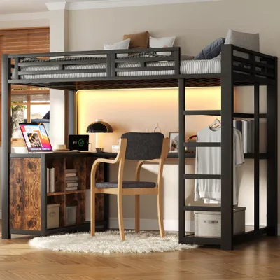 Produktbild von Metall-Hochbett mit LED-Beleuchtung, USB-Ladestation, Schreibtisch, Ablagefächern & rechter Leiter, Schwarz, 140x200cm
