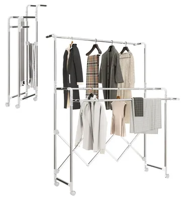 Obrázek produktu pro Sušák na prádlo – skládací stojanový sušák – nerezová ocel – 3 sušící tyče – výsuvný rozsah 104–150 cm – 4 kolečka – stříbrná barva
