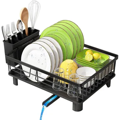 Image de Égouttoir à vaisselle avec bec verseur, égouttoir peu encombrant pour le plan de travail de la cuisine, égouttoir de cuisine durable avec porte-couverts