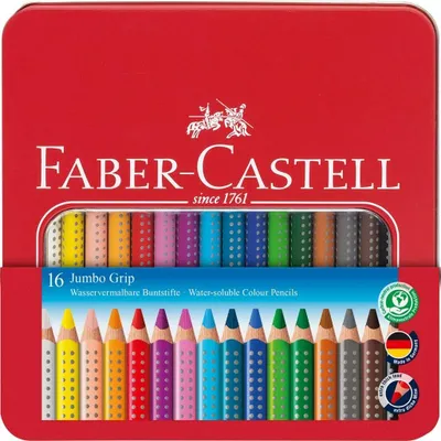 A red tin box containing a set of 16 Faber-Castell Jumbo Grip water-soluble colored pencils.
