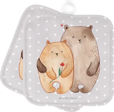 Produktbild von Mr. & Mrs. Panda Topflappen Bären Liebe - Grau Pastell - Geschenk, Kuscheln, Ofenlappen, Freundin, Verknallt, Set, Verheiratet, Bär, topfhalter, Kochlappen