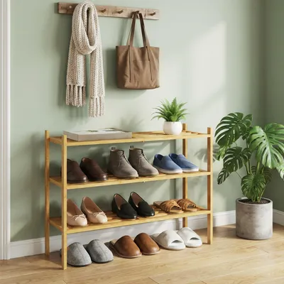 Produktbild von SONGMICS Bambus Schuhständer, stapelbares Schuhregal 3 Ebenen, platzsparend für Flur, Schlafzimmer, Wohnzimmer, naturfarben