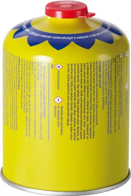 A yellow gas canister with a red cap and blue decorative elements.