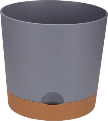 Image de Pot de fleurs en plastique avec soucoupe, couvercle YUMO DUET, 20 cm, matériau gris mat, soucoupe marron clair