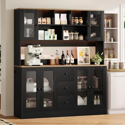Produktbild von Abrihome Multifunktionaler Küchenschrank 150 x 40 x 173 cm – Hochschrank mit LED-Beleuchtung, Steckdosen, 6 Acryltüren & 3 Schubladen, Schwarz