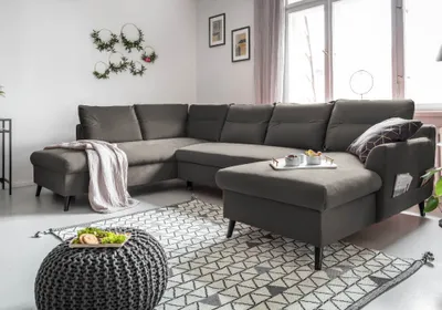 Produktbild von MIUFORM Stylish Stan - Ecksofa mit Bettfunktion und Bettkasten U-FORM LINKS - 300x198cm - Velours Dunkelgrau - Sofa Schlafsofa Couch