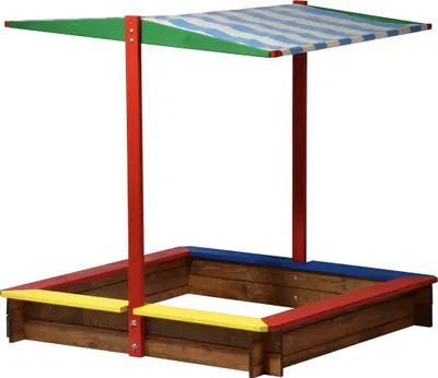 Produktbild von dobar Sandkasten Holz mit Dach, groß XL viereckig bunt, Sandkiste Sonnendach für Kinder Outdoor, 120 x 120 x 125 cm,Holz