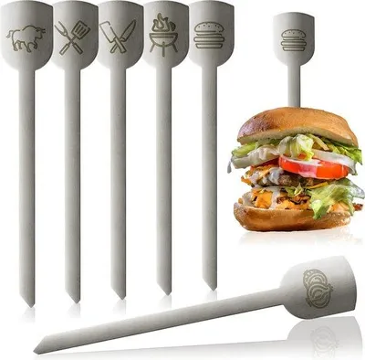 Produktbild von Unyqoos® Edelstahl-Burgerspieße 6er-Set – rostfreie 19 cm Metallspieße mit breitem Griff, Grill-, BBQ- und Servierspieße, Silber