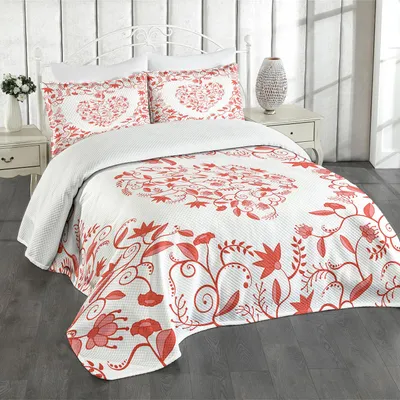 Produktbild von ABAKUHAUS Valentinstag Tagesdecke Set, Paisley-Blumendetails mit Blättern und Rosen in einer Form des Herz-Rahmen-Bildes, 220 x 220 cm, Rot