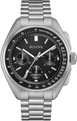 A close-up studio shot of a men's chronograph watch with a black dial and a stainless steel bracelet.