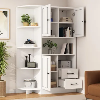 Image de OKWISH Buffet haut 104×35×155 cm avec placards et tiroirs, meuble de rangement à 3 niveaux réglables, buffet avec 14 compartiments, blanc