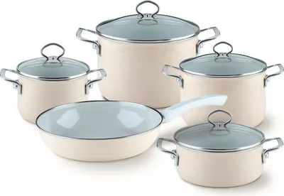 Produktbild von Riess Geschirr- Topfset Nouvelle Avorio extrastark 5-teilig Emaille Induktion
