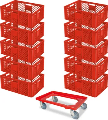 Produktbild von 10x Stapelkörbe, Euro-Format LxBxH 600 x 400 x 240 mm, Industriequalität, lebensmittelecht, rot + GRATIS Transportroller