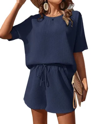 Immagine prodotto di Completo da casa da donna - Set estivo composto da due pezzi - Maniche corte - Pantaloncini con elastico in vita - Abbigliamento casual - 100% poliestere - Set pigiama