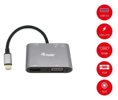 Produktbild von Equip Dock USB-C->HDMI.VGA.USB3.0.AUX.100WPD 15cm sw