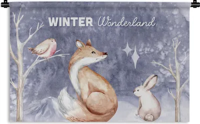 Produktbild von MuchoWow® Wandteppich Wandbehang Winter - Fuchs - Vogel - Kaninchen 120x80 cm Tapisserie Dekoration Wandtuch - Wanddekorationen - Wandtücher