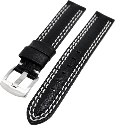 Produktbild von Uhrenarmband Kalbslederband Schwarz weiße Doppelnaht 18mm Dornschließe