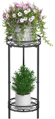 Image de Support à plantes noir en métal pour l'intérieur, à deux niveaux, 70 x 29 cm, support à fleurs, porte-pots pour le jardin, la terrasse et le salon