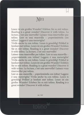 An e-reader device displaying text, with a protective screen protector partially covering the screen.