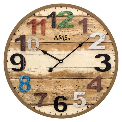Produktbild von AMS 9539 Quarz-Wanduhr XL, braunes Massivholz, Antik-Optik