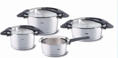 A set of four stainless steel pots and pans with gray handles, arranged on a white background.