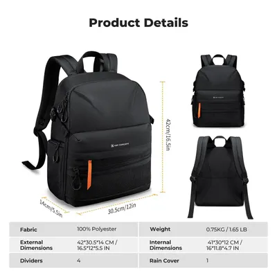 Immagine prodotto di Zaino per fotocamera - Zaino fotografico per DSLR/SLR - Poliestere impermeabile - Scomparto per laptop da 35 cm - Zaino leggero - Supporto per treppiede - Copertura antipioggia - Nero
