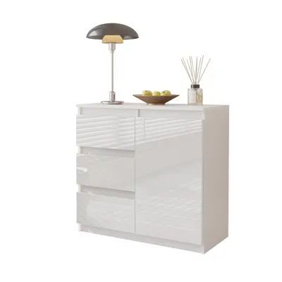 Zdjęcie produktu dla Komoda 80 Cm Biały Mat / Biały Połysk 3 Szuflady, 1 Drzwi, 1 Półka Salon