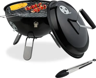 Produktbild von Relaxdays Kugelgrill, tragbar, Ø 37 cm, Picknickgrill für Garten & Park, Holzkohlegrill mit Deckel, Rundgrill, schwarz