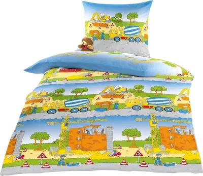 Produktbild von Bierbaum Kinder Fein - Biber Bettwäsche 2 tlg. 135x200cm Baustelle Baufahrzeuge
