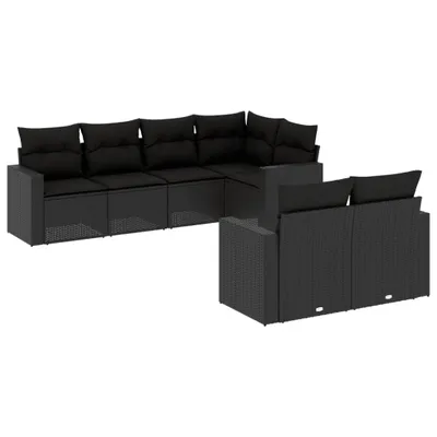 Image de vidaXL Ensemble de salon de jardin 7 pièces avec coussins noir poly rotin