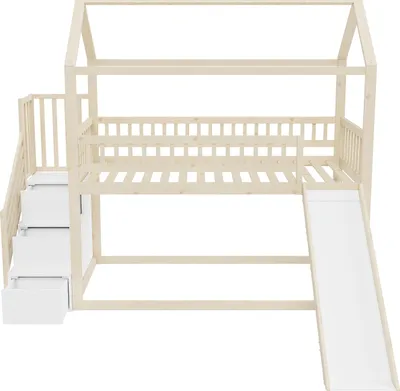 Produktbild von Merax Etagenbett Hochbett mit Rutsche 90x200cm, Kinderbett aus Massivholz mit Stauraumleiter, Hoher Schutzzaun, Spielbett für Kinderzimmer, Holz Weiß