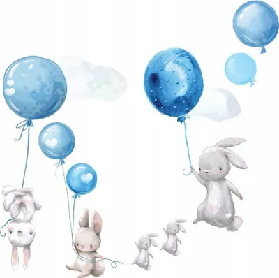 Zdjęcie produktu dla Tatuaż ścienny króliczek, niebieskie balony, z przyjaznymi dla środowiska, bezwonnymi farbami drukarskimi - naklejka ścienna, naklejka ścienna dla dzieci 100 x 170 cm