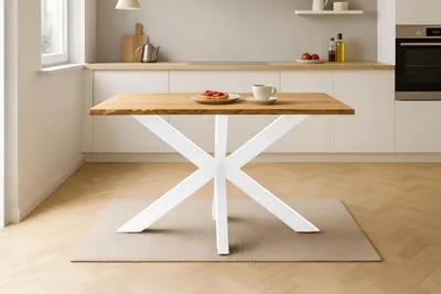 Produktbild von Esstisch 120x80 cm Baumkante Eichenholz massiv geölt Spider-Gestell weiß SALVADOR