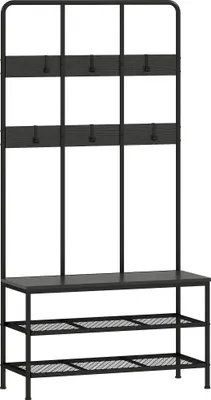 Produktbild von 3-in-1 Garderobenständer mit Kleiderhaken, Sitzbank und Schuhregal aus Metall und Spanplatte, Schwarz