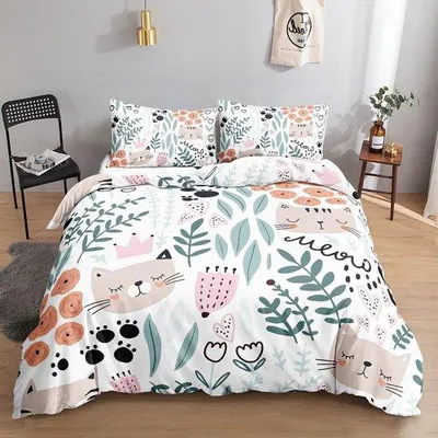 Productafbeelding van Beddengoedset met cartoonkattenprint, geschikt voor volwassenen en kinderen - inclusief dekbedovertrek en 2 kussenslopen