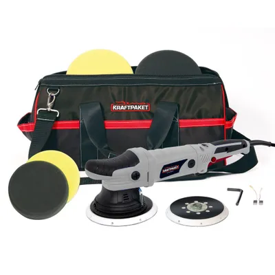 Produktbild von 21mm-720W Dino KRAFTPAKET Exzenter Poliermaschine Stufenlos im Set mit 125mm 150mm Stützteller, Pads und Tasche für Auto KFZ Boot