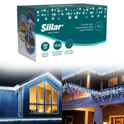 Imagen del producto de Guirnalda de luces para exteriores, color blanco frío, con 300 LEDs, 12 metros de longitud, grado de protección IP44, ideal para decoración navideña en exteriores, vallas, etc. Color: blanco frío