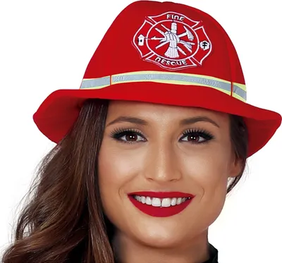 A woman wearing a red firefighter hat.
