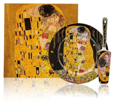Image de HOME ELEMENTS Assiette ronde avec cuillère à gâteau, Klimt, Le Baiser sombre