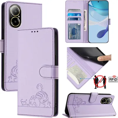Produktbild von Leder Hülle für Realme C67 4G Süße Katze Flip Case Brieftasche Schutzhülle mit Standfunktion Lila