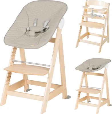 Collage of a wooden high chair with a beige padded seat and harness, shown in different configurations.